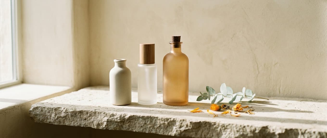 Unlabelled skincare bottles on a stone ledge with a eucalyptus sprig