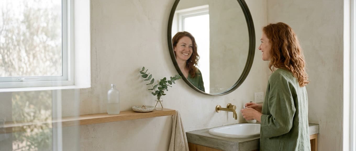 A woman smiling at her reflection in a bright, minimal bathroom
