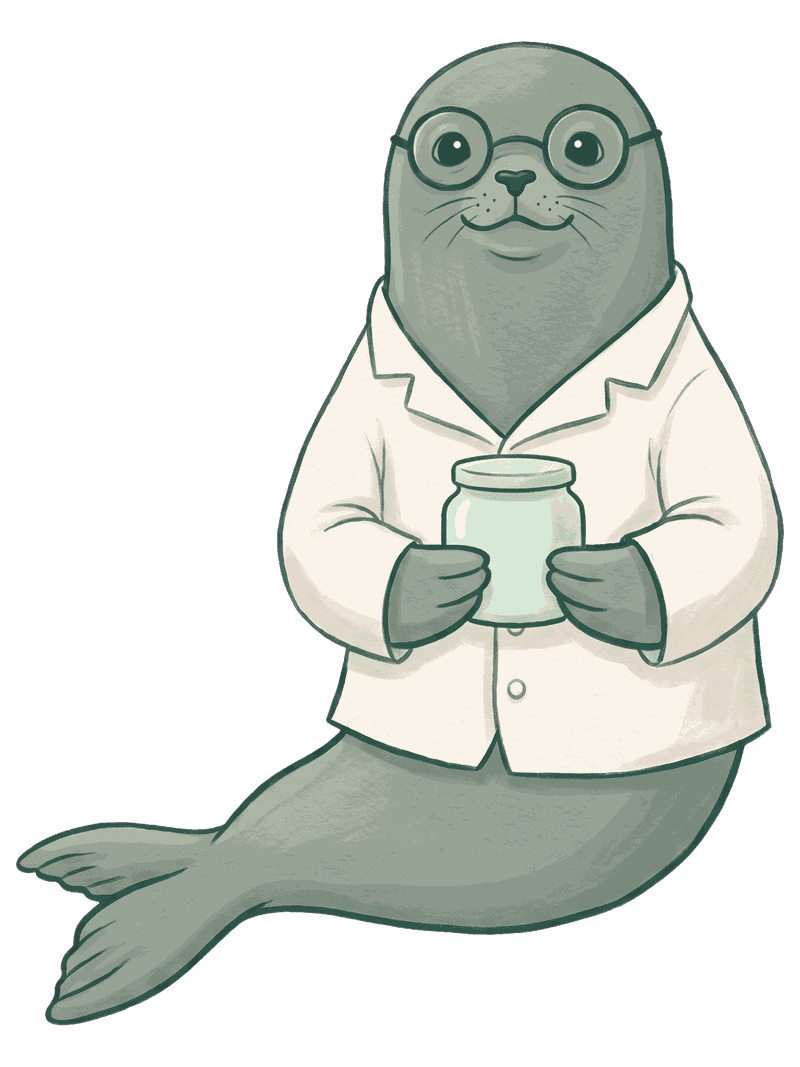 Snuffy the Cosmetologist: a seal in a lab coat and round spectacles, holding a jar of cream